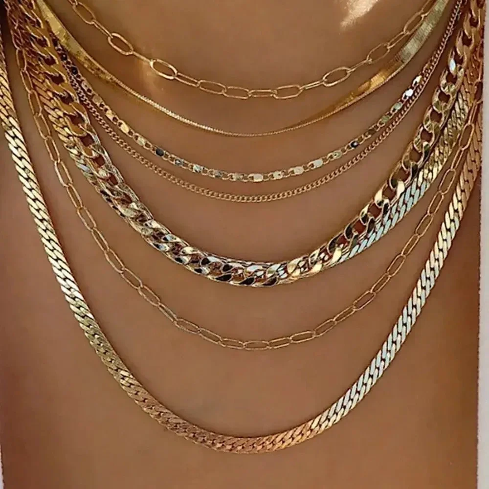 Gold Plated 18K Multilayer Necklace, Chain Link, Paperclip, Cuban - Picture 1 of 1